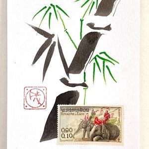 Elephants Walk Original Wall Art Minimalist Bamboo Collage Painting Matted 8x10